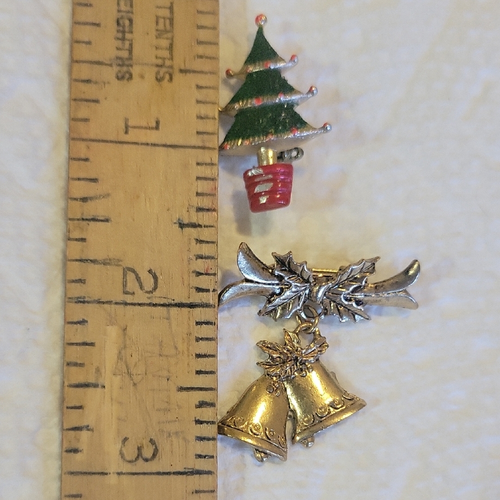 Festive Christmas Tree and Bell Brooch Set